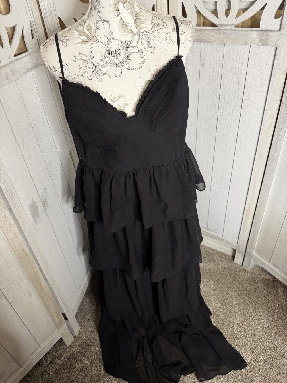 Birdy Grey Black Tiered Maxi Dress Boho Romantic Corset Top Deep V Size XXL